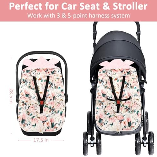 DILIMI Baby Car Seat Cover Winter, Warm & Cozy Baby Bunting Bag, Infant Carrier Cover for Girls and Boys, Pink Floral — view 2