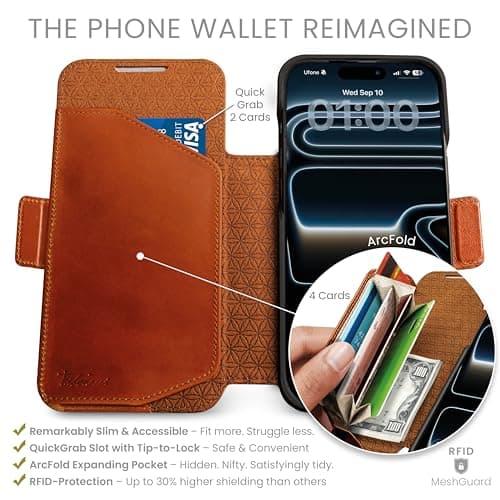 Dreem Real Leather Wallet Case for iPhone 17 Pro Max, Revolutionary Vert/Hor Phone Stand, Magnetic Detachable Flip Cover RFID Blocking Card Holder, MagSafe-Fit, Gift Box [Fibonacci: Caramel]