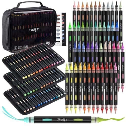 JusArt Acrylic Brush Markers, 96 Colors Brush Tip Acrylic Marker Set, 48 Dual-Tip Water Based No Bleed Markers with Automatic Ink Control for Wood, Rock, Fabric, Canvas, Glass, Eggs & DIY Crafts