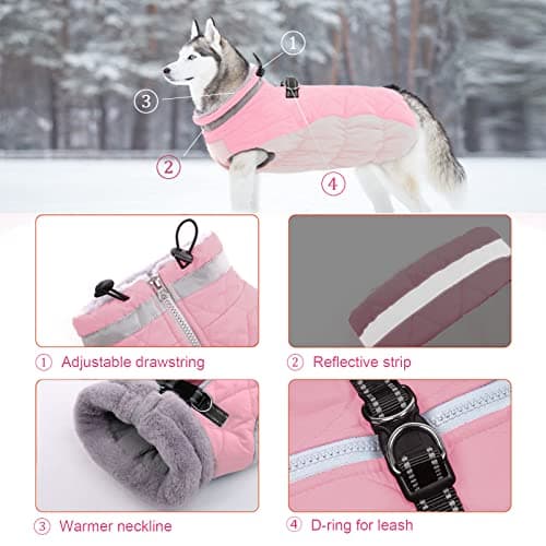 Lelepet Dog Coat Warm Dog Winter Coat Waterproof Dogs Jacket with Harness Built in Reflective Pet Fleece Vest Zip-Up Cold Weather Coats for Medium Dogs Turtleneck & Windproof Coats Dachshund Pink M — view 2