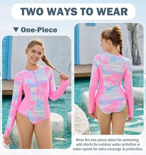 HOZIY Rash Guard for Teen Girls Modest Long Sleeve Tween Size 10-12 Two Piece Swimsuit Bathing Suits with Pocket Swim Shorts Kdis Rashguard Swimwear