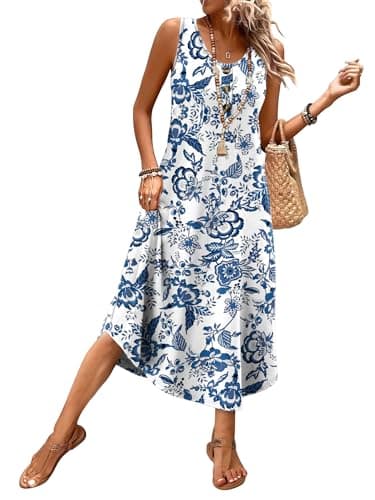 Summer Dresses for Women 2026 Flowy Boho Hawaiian Beach Vacation Casual Dresses for Women Spring Dress Cruise Outfits Resort Wear Sun Dress Maxi Midi Dress Sundresses Blue Floral L