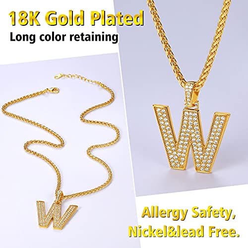 FindChic Bling CZ Bold Letter W Necklace For Men&Women Hip Hop Iced out 18K Gold Plated Custom Name Large Initial Pendant Personalized Jewelry for Rapper Boys 22inch Wheat Chain — view 2