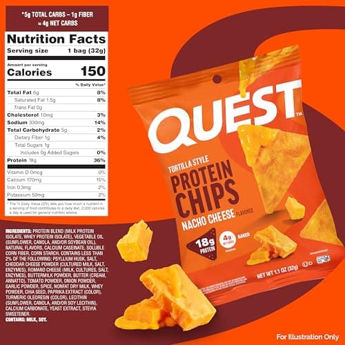 Quest Nutrition Nacho Cheese Tortilla Style Protein Chips, 18g Protein, 4g Net Carb, Low Carb, Gluten Free, 1.1 oz (Pack of 12) — view 2