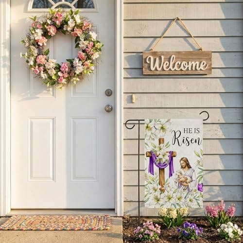 SMBLCE He Is Risen Easter Garden Flag 12x18 Inch Double Sided Outside flag, Jesus, Lamb, Cross, Bouquet of Lilies Yard Outdoor Easter Holiday Decoration — view 5