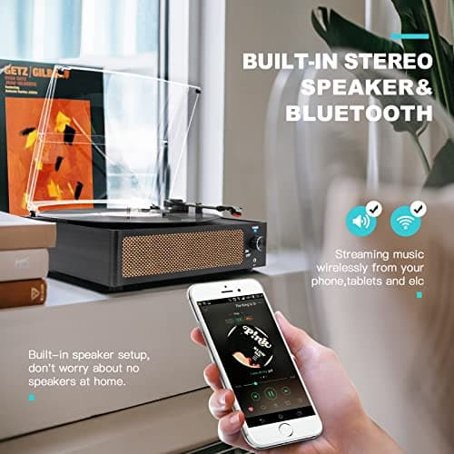 Vinyl Record Player with Speaker Vintage Turntable for Vinyl Records, Belt-Driven Turntable Support 3-Speed, Wireless Playback, Headphone, AUX-in, RCA Line LP Vinyl Players for Sound Enjoyment Black — view 4