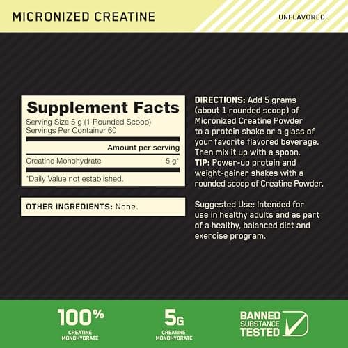 Optimum Nutrition Creatine, Micronized Creatine Monohydrate Powder, Supports Strength & Recovery, Banned Substance Tested, Unflavored, 5g per Serving, 60 Servings