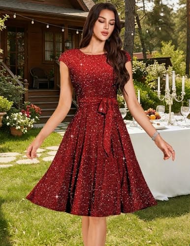 DRESSTELLS Cocktail Dresses for Women 2026 Modest Formal Wedding Guest Valentine's Day Tea Party Sequin Sparkly Knee Length Prom Dress Glitter_Burgundy M — view 4