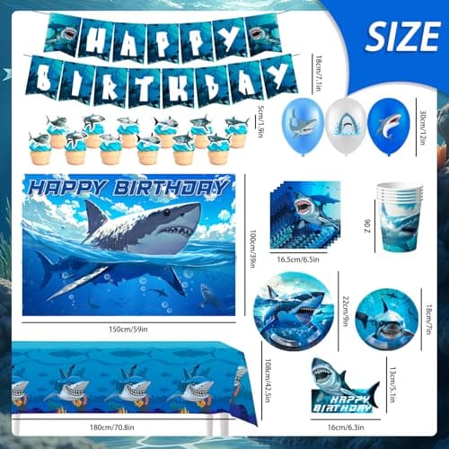 Shark Birthday Party Decorations Supplies, 10 Guests Shark Party Tableware Set Under the Sea Plates Napkins Tablecloths Balloons Banner Cake Toppers etc — view 2