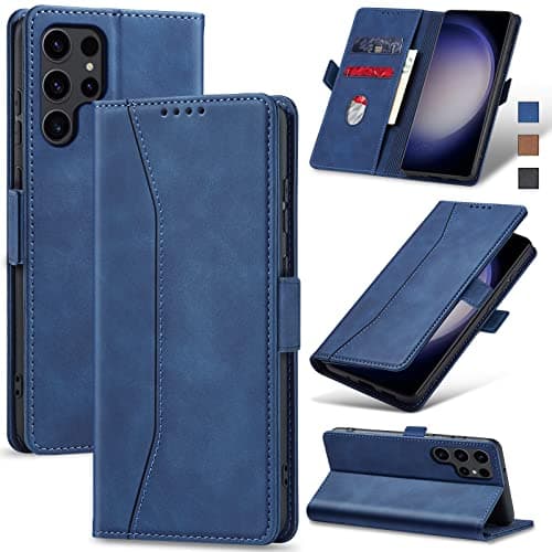 Jasonyu Flip Wallet Case for Samsung S23 Ultra,Leather Magnetic Folio Cover with Card Holder,Kickstand - TPU Shockproof Durable Protective Phone Case,Blue