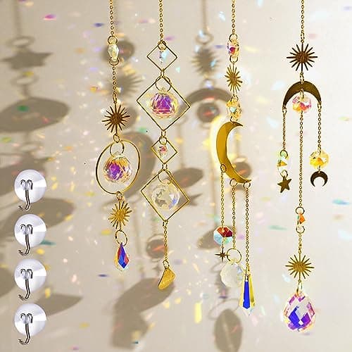 Sun Catchers Indoor Window - 4Pcs Colorful Crystal Suncatchers with 4Pcs PVC Suction Cup Hooks, Hanging Suncatcher for Window with Chain Pendant Ornament, Prism Suncatcher for Home Garden Decoration