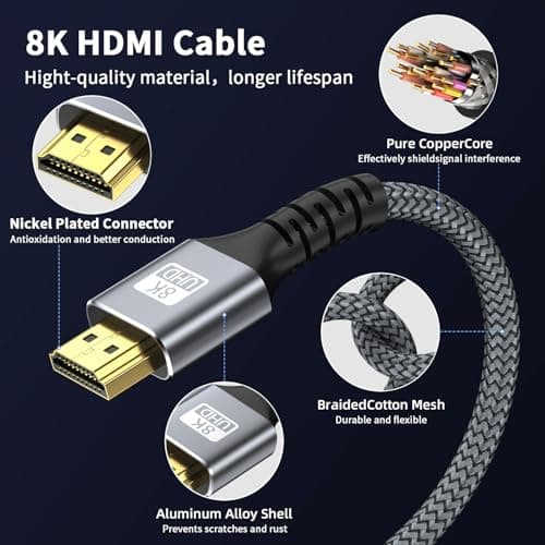 looyotul 8k Hdmi Cable 6.6ft Ultra High Speed HDMI 2.1 Cable 8K@60HZ 4K@120HZ 48Gbps HDMI Cord for HDTV,PS4,PS5,Monitor Laptop,Xbox,HDCP 2.2&2.3 Support HDR,eARC,Dolby.(Silvery) — view 2