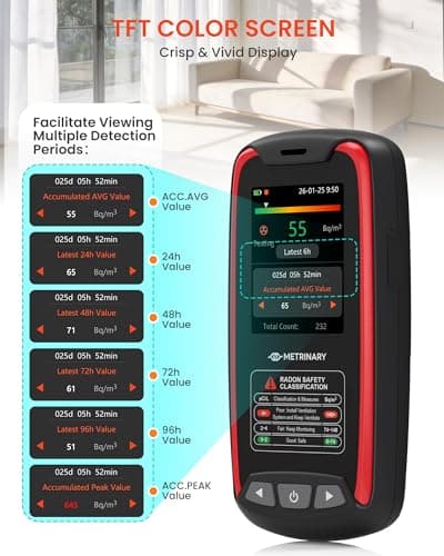 METRINARY Radon Detector for Home, Portable Radon Monitor with TFT Color Display, Rechargeable Radon Tester Quick Result 6 Hour, 504-Day Data Storage with Audible & Visual Alarm (pCi/L or Bq/m³) — view 3