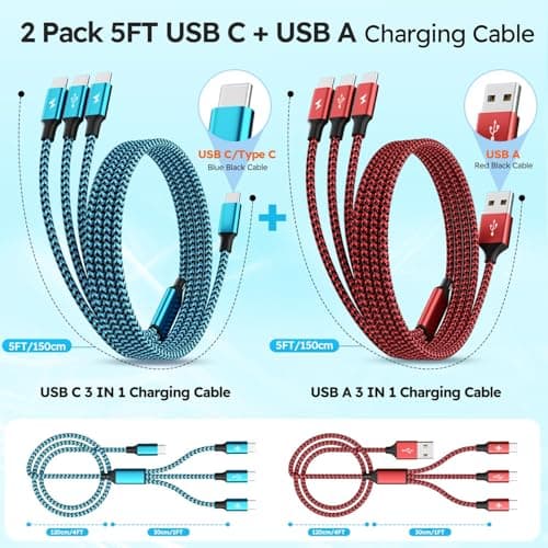 USB A/C to USB C Multi Charging Cable, 3 in 1 Type C Phone Charger Cord
