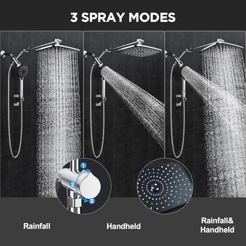 Veken Wide High Pressure Rain Shower Head with Handheld, Handheld Shower Heads with Multi Spray Modes, Rainfall Combo with 15" Metal Extension Arm,Detachable Dual Shower, Bathroom Decor,Chrome Silver