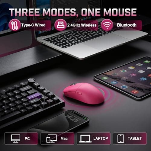 YUNZII M1 Wireless Gaming Mouse, Tri-Mode 2.4G/BT/Wired Gaming Mouse, PAW3311 Sensor 10000 DPI Rechargeable Wireless Mouse with 5 Programmable Buttons, Customizable via Software for Win & Mac (Pink) — view 2
