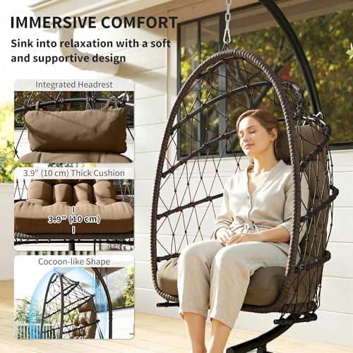 Outsunny Hanging Egg Chair with Stand, Foldable Wicker Rattan Swing Chair with Thick Cushion and Safety Rope for Patio Garden, Supports 264 lbs, Brown — view 2