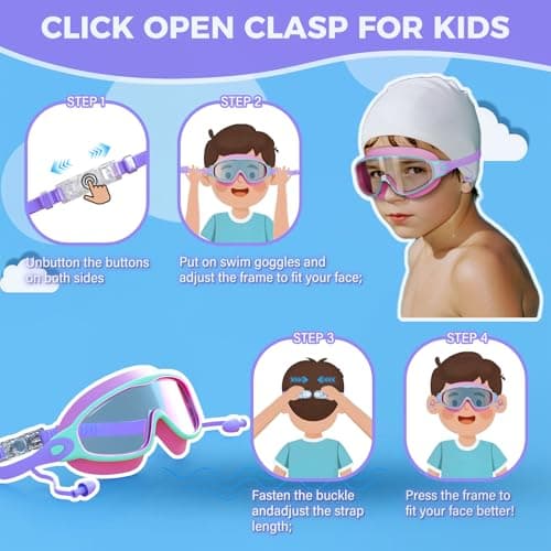 CMBJJU 3 Pack Swimming Goggles, Kid Goggles with Earplugs Large Frame Anti-Fog/UV Wide View Swim Goggles Boys Girls 6-14 (3PACK-Purple+Colorful Blue+Green-SG09) — view 4