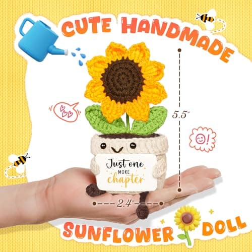 Glydein Book Lovers Gifts for Women Men, Handmade Positive Sunflower Crochet Decor, Unique Gifts for Book Lover, Teacher, Librarian, Reader, Bookworm, Reader Present — view 2