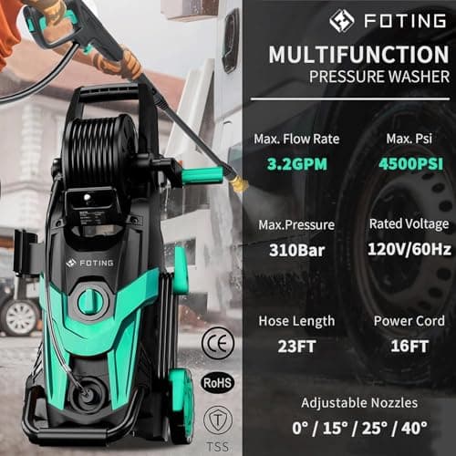 FOTING Power Washer, 4500 PSI Pressure Washer with 4 Quick Connect Nozzle & Foam Cannon&Inlet Hose, High Pressure Washer for Cars/Fences/Patio/Driveways