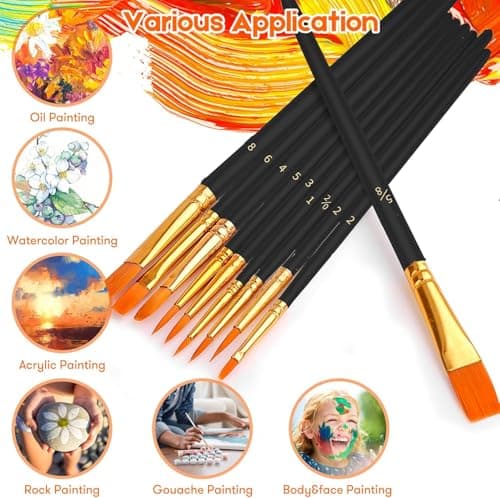 Soucolor Acrylic Paint Brushes Set, 10-Pack Round Pointed Tip Artist Paintbrushes for Acrylic Painting Oil Watercolor Canvas Boards Rock Body Face Nail Art,Black