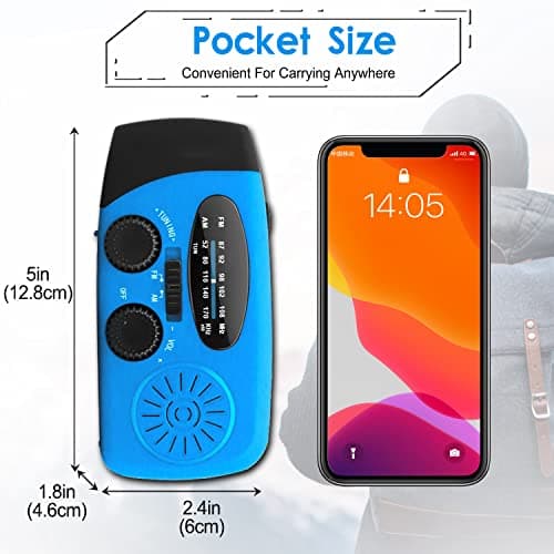Emergency Hand Crank Radio with LED Flashlight for Emergency, AM/FM Portable Weather Radio with 2000mAh Power Bank Phone Charger, USB Charged & Solar Power for Camping, Emergency(Blue) — view 2