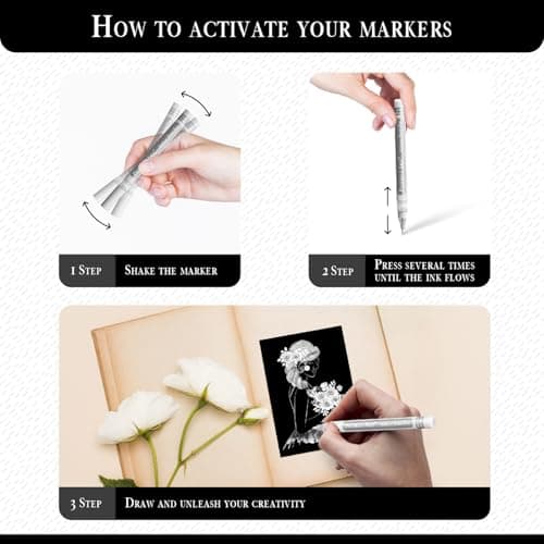 Pinturale Arts White Paint Pens Extra Fine Point | Set 4 White Acrylic Paint Pen Extra Fine Tip (0.7mm & 0.5mm) | For Black Paper, Ceramics, Rock Painting, Glass, Wood, Canvas, Metal — view 6