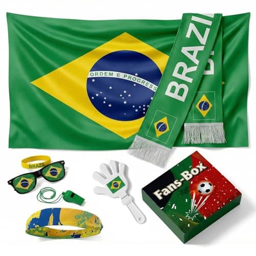 Soccer Fan Gear Set 2026-7 Piece Game Day Kit with Flag, Scarf, Glasses, Whistle, Clapper, Wristband & Headband in Gift Box - Watch Party & Stadium Essentials for Brazil