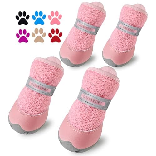 QUMY 4PCS Dog Shoes for Small Dogs, Hot Pavement Summer Puppy Dog Boots & Paw Protectors with Soft Anti-Slip Rubber Sole, Mesh Breathable Dog Booties for Hardfloors, Walking Running Pink Size 1