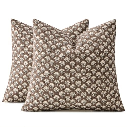 MIULEE Set of 2 Decorative Floral Throw Pillow Covers Neutral Vintage Fall Block Print Boho Farmhouse Cushion Covers for Modern Home Decor Couch Sofa Bed Living Room, 18x18 Inch, Chocolate Brown — view 2