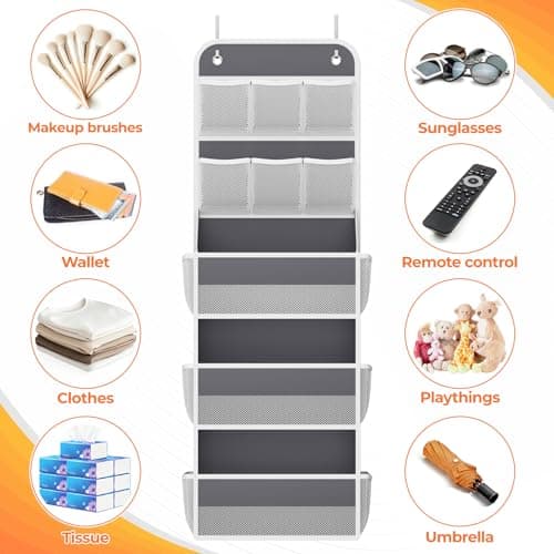 SpaceHacks 5-Tier Over the Door Organizer with Mesh Pockets, Baby Nursery Storage for Closet, Bathroom and Bedroom, Adjustable Hanging Closet Organizer for Cosmetics, Books and Essentials (Dark Grey) — view 4