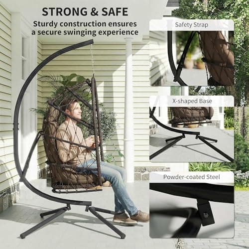 Outsunny Hanging Egg Chair with Stand, Foldable Wicker Rattan Swing Chair with Thick Cushion and Safety Rope for Patio Garden, Supports 264 lbs, Brown — view 5