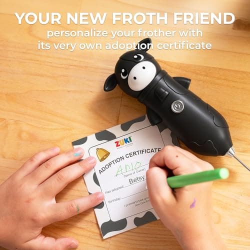Zulay Kitchen Cow Milk Frother Wand – Cutesy Frother, Meet Your New Frothing Buddy Betsy The Cow, Adoption Papers and Stickers Included, Purrr-fect for Lattes, Cappuccino & Matcha – Black — view 2