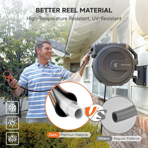 Giraffe Tools Heavy-Duty Wall-Mounted Hose Reel, 5/8" x 90 ft Retractable Hose with Automatic Rewind, 180° Swivel, Any-Length Lock & 9-Pattern Nozzle (Dark Grey) — view 3