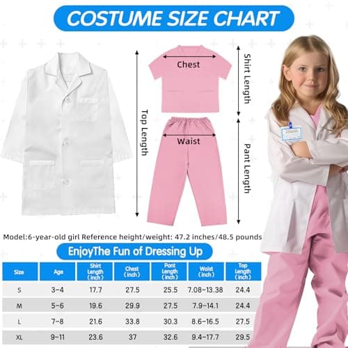 Doctor Scrubs Costume for Kids With Set Lab Coat Halloween Dress Up For Boys Girls 3-12 (Light Pink, S-110/3-4T)