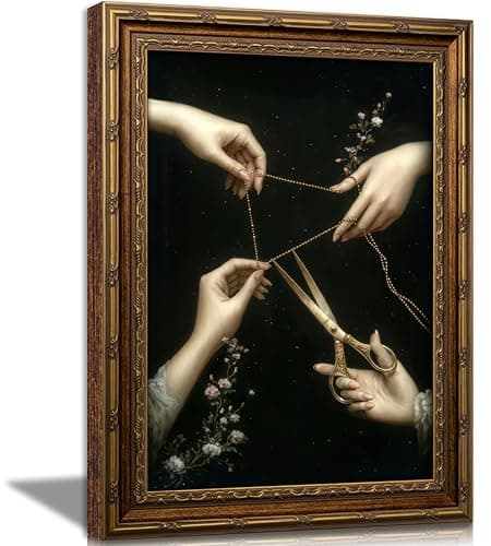 Vintage Gold Framed Thread of Life Wall Art, Victorian Moody Gothic Canvas Print, Dark Academia Wall Decor, Mystical Greek Mythology Painting Picture, Witchy Poster Artwork for Living Room Bedroom