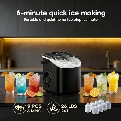 Bayany Countertop Ice Maker with Handle, Small Portable Self-Cleaning Ice Machine with Basket and Scoop， 26lbs/24H, 9 Ice Cubes in 6 Mins, for Home, Kitchen, Parties, Camping — view 3