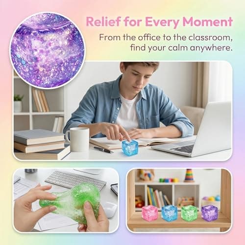 Glitter Ice Cube Squishy Fidget Toys, Squishy Cube Stress Balls for Adults & Kids, Slow Rising Stress Relief Toys, Squeeze Ball Filled with Thick Substance and Glitter (Blue) — view 3