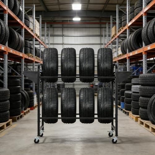 IDEALHOUSE Adjustable Tire Storage Rack, 45" x 18" x 41" Rolling Tire Organizer with Locking Casters for Garage, Shop & Workshop, Black — view 2