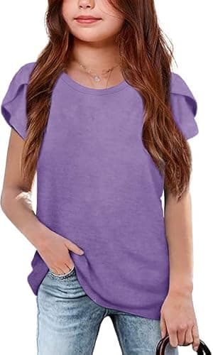 Haloumoning Girls' Summer T Shirts Crewneck Petal Short Sleeve Cute Casual Tops, Purple, 5-6 Years