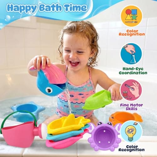 Baby Mold Free Bath Toys for Kids Ages 1-3, 10 PCS Toddler Bathtub Pool Sand Beach Toys with Whale Spoon Watering Can Stacking Cups Floating Boats for Baby Toddler Water Table Games, Girls Boys Gifts — view 2