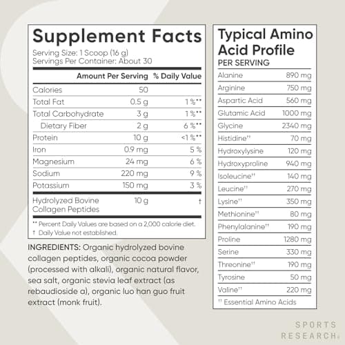 Sports Research Organic Collagen Peptides - Hydrolyzed Type I & III Collagen - Sustainable & Traceable Formula - Chocolate - 30 Servings — view 4