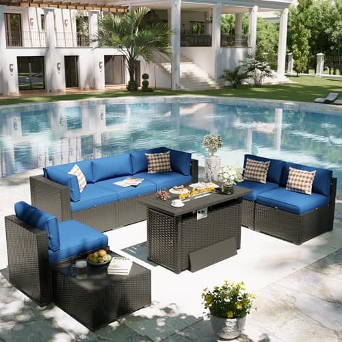 Aoxun Patio Furniture Set with Fire Pit Table, 8 Piece Outdoor Sectional Sofas, Wicker Rattan Outdoor Furniture with Thickened Cushion for Backyard, Garden Navy Blue — view 7
