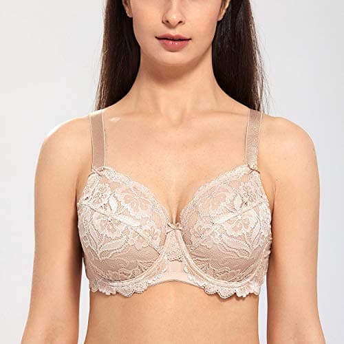 DELIMIRA Women's Plus Size Bras Full Coverage Lace Underwire Unlined Bra Beige 36F — view 2