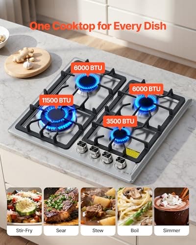 VEVOR 24 inch Gas Cooktop 4 Burners Gas Stove Top, Max 27000BTU Built-in Stainless Steel Stove Top LPG/NG Convertible Dual Fuel Cooktop Stoves with Thermocouple Protection for Kitchen Apartment Rvs — view 2