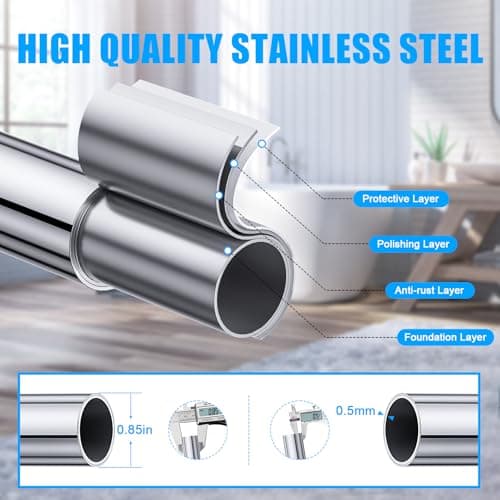 TEECK Shower Curtain Rod, 32-80 inch Adjustable Spring Tension Curtain Rod, Never Rust Anti-Slip Shower Curtain Rod for Bathroom, No Drilling, Never Collapse, Easy to Use, Silver — view 3