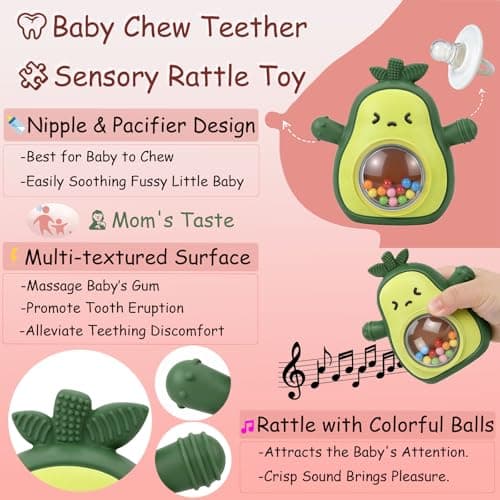 Baby Rattle Teething Toys Silicone Avocado Teething Mitten Sensory Toys for Grasping Chewing Sucking Hearing Needs-Baby Teether for Teething Relief-BPA Free Infant Toys Baby Shower Gifts (Green) — view 3
