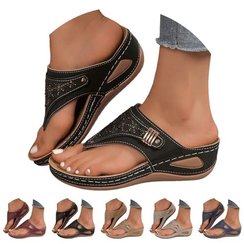 Orthopedic Sandals for Women 2026 Dressy Casual Ladies Spring Summer Cute Boho Comfy Arch Support Flats Flip Flops Seniors Comfortable Beach Vacation Outdoor Platform Wedge Sandals Shoes Black 8