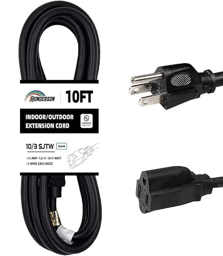 HONDERSON Indoor Outdoor Extension Cord Weatherproof, UL Listed, 10 Gauge 10FT Black 3 Prong Heavy Duty Extension Cord, 10/3 SJTW 15A Power Extension Cord for Outdoor Lights, Appliances, Lawn
