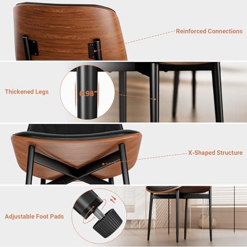 YaFiti Dining Chairs Set of 2, Dining Room and Kitchen Chairs, Mid Century Modern Accent Chair, Upholstered PU Leather Chairs for Vanity with Walnut Bentwood and Metal Legs, Black — view 5